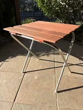 Vintage Redwood & Aluminum Side Table Wood Slats Folding Patio Camp MCM Lawn