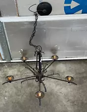 Vtg Medieval GOTHIC Iron Hanging Chandelier 5 Light CEILING FIXTURE Candelabra 1