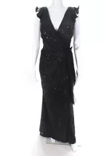 Tony Ward Womens Sequin Beaded Pleated V Neck Gown Black Size 44