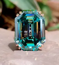 HUGE & RARE 35.20 Ct Emerald Cut Blue Diamond Ring In 925 Silver Certified
