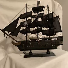 Wooden Pirate Ship Model With 15 Sails and Cannon on Display Stand