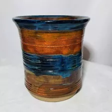 Small Art Pottery Crock 5” Utensil Votive Holder Planter Blue Brown Drip Glaze