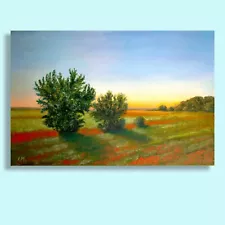 New ListingLandscape Poppy Sunset Oil Painting Original Country Meadow Flowers Wall Art