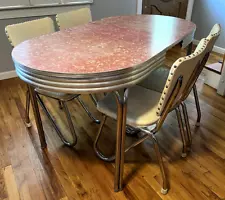 1950/60's Vintage Pink Formica Kitchen Table, w/Leaf, and 4 RARE Hairpin Chairs