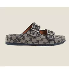 GUCCI Men's GG Print Canvas Slide Buckle Sandals, Blue / Beige, Size 7 (US)