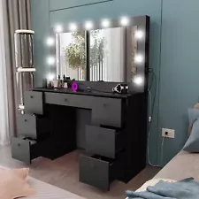 Dressing Table with Mirror, Light Bulbs and 7 Drawers, Black