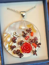 Beautiful Large Mother Of Pearl Pendant With Gemstone Flowers