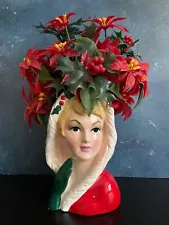 New ListingVINTAGE LADY HEAD VASE SAMSON CHRISTMAS HOODED BLONDE W/ ORIG FLOWERS 7.5”