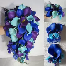 Peacock Royal Blue Purple Turquoise Calla Lily Bridal Wedding Bouquet Accessorie