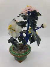 Vintage Chinese Jade Tree w/ Yellow Rose &Cloisonne Bonsai Pot Plant Asian Glass