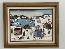 Rare original folk art American landscape painting, Grandma Moses style winter