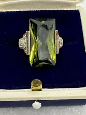 Sterling Silver Green Tourmaline Ring With Simulated Diamonds Size 7.5