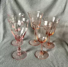 Pink goblets, Depression glass, mixed lot of 5, 1940s vintage, rib pattern