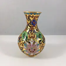 Chinese Vintage 3"H Mini Cloisonne Vase Bronze Brass Copper Enamel Blue flowers