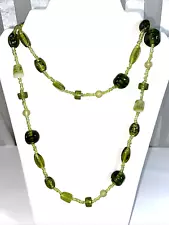 40" Handmade Forest Green Art Glass & Seed Beaded Necklace Over The Head