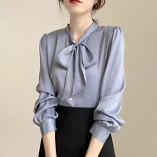 Womens Long Sleeve Bow Tie Neck Shirt Cocktail Party Tops Satin Silky Blouse Tee