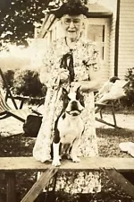 Older Woman Poses w Beautiful BOSTON TERRIER 1930s VINTAGE PHOTO SNAPSHOT