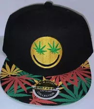 Black Smiley Face Marijuana Leaf Weed Eyes Emoji Snapback Hat 420 Themed Cap