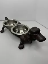 23"Cast Iron Dachshund Dog Food & Water Bowl Holder - Vintage Wiener Dish Feeder