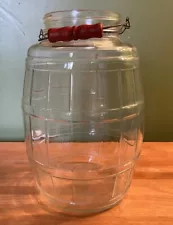 Vintage large Clear Glass Barrel Pickle Jar With Wire Bail & Red Wood Handle 13"