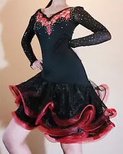 Gently Used Red and Black Small Ice-Dance Figure Skating Tango Dress for Women