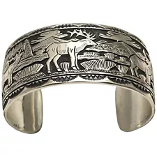 Hand Tooled June Delgarito Vintage Navajo Elk Sterling Silver Bracelet