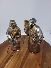 Kokeshi Figure Vintage Japan old man bamboo rake and nun w/broom gold & silver