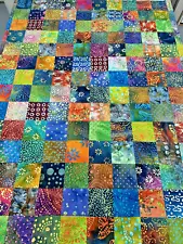 Unfinished Batik Quilt Top, Multi-Color, 54" x 63", Lap Size Quilt Top for Sale