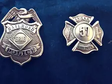 2 Rare/Vintage Erie Railroad Police and Fire Badges. HM-American Railroad++