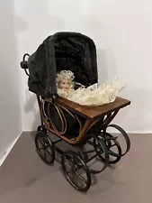 Victorian Style Doll Pram Black Buggy Carriage Stroller Wood Wicker Nursery