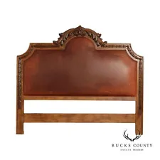 Rustic European Style Queen Size Carved Wood And Leather Headboard