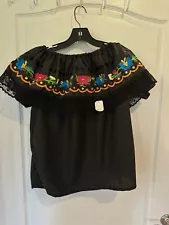 Mexican Embroidered Off the Shoulder Blouse Peasant multicolor flowers Black NEW