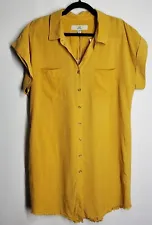 THREAD AND SUPPLY Womens M Shirt Dress Yellow Short Sleeve Raw Hem Button Up