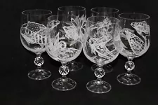 Set of 6 Hand Engraved Crystal Wine Glasses, Aquatic, Etched, Signed, Dated 2006