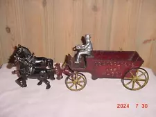 Arcade Contractors Dump Wagon with Driver & 2 Horse drawn cast iron 14" 1920's