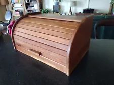 TEAK WOOD TAMBOUR BREAD BOX for MID CENTURY DANISH MODERN KITCHEN STORAGE