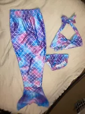 Preowned 3 Piece Swimsuit And Matching Mermaid Tail Sz 5/6