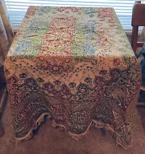 Vtg/Antique Silk? Oriental or Middle Eastern Fringed Table Cloth/Scarf 57” X 56”