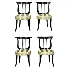 4 Neoclassical Lyre Back Black & Gold Satin Occasional Side Chairs 1920s