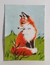 Happy Red Fox ACEO Original Animal PAINTING by Leslie Popp