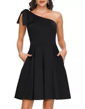 JASAMBAC Elegant Women Dress for Wedding Guest Cocktail Bow One Shoulder (Black)