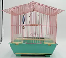 Vintage HOEI Metal Bird Cage w/Feeders/Mirrors Japan Pink Aqua