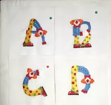 Set of 26 Machine Embroidered Quilt Blocks –Clown Alphabet