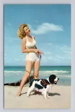 Pinup Girl w Cocker Spaniel Dog "Strolling on the Beach" 1960s Postcard 4B