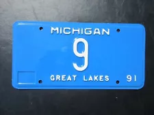 Michigan 1991 license plate single digit low number 9