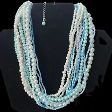 UNSIGNED MULTI STRING PEARL GLASS SEED BEAD CHOKER NECKLACE BLUES & WHITES 16"