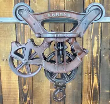 Restored Vintage Dark Red LOUDEN SENIOR Barn Hay Trolley with Center Drop Pulley