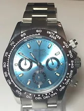 Seiko Panda Seitona Chronograph Oyster Quartz VK63 ICE BLUE Dial 40mm Watch