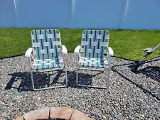 Vintage Aluminum Folding Webbed Lawn Chairs - Pair - Green, Blue & White