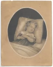 Antique 1858 ORIGINAL DRAWING Child in Bed SLEEPING INNOCENCE Victorian Art